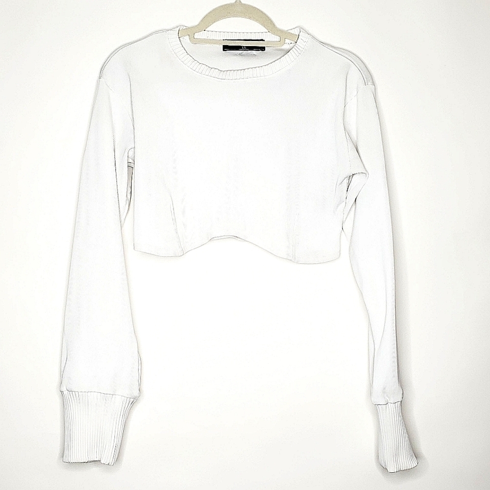 Maniere De Voir Ribbed Crop Top Size 16 White Long Sleeve Pullover Baddie Spring - Picture 2 of 12